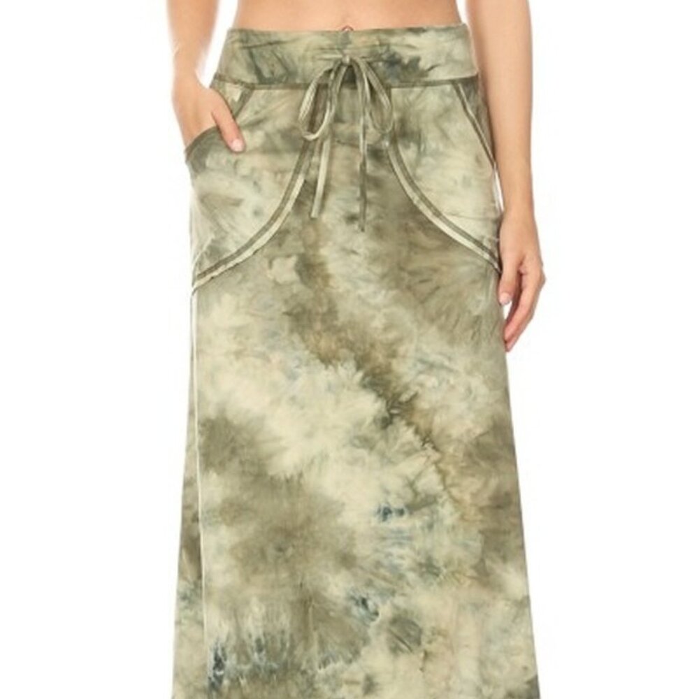 Medium Microfiber feel Good Olive Tiedye Printed Flare Hem Pockets Maxi Skirt